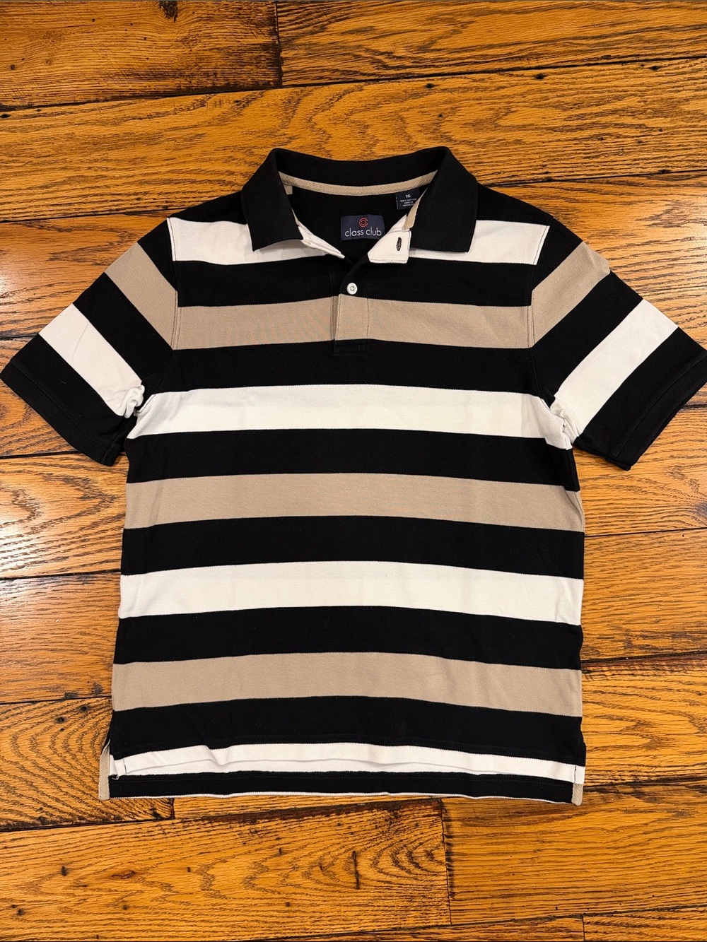 Class Club Black, White & Beige Cotton Striped Polo- Boys Size 16